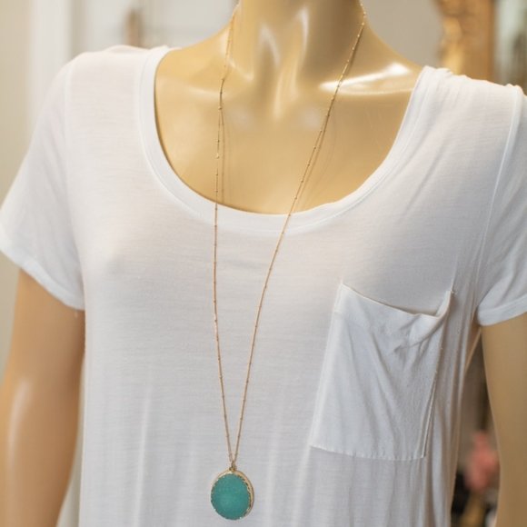 NWOT Extra Long Gold Teal Druzy Stone Boho Necklace - Picture 1 of 2